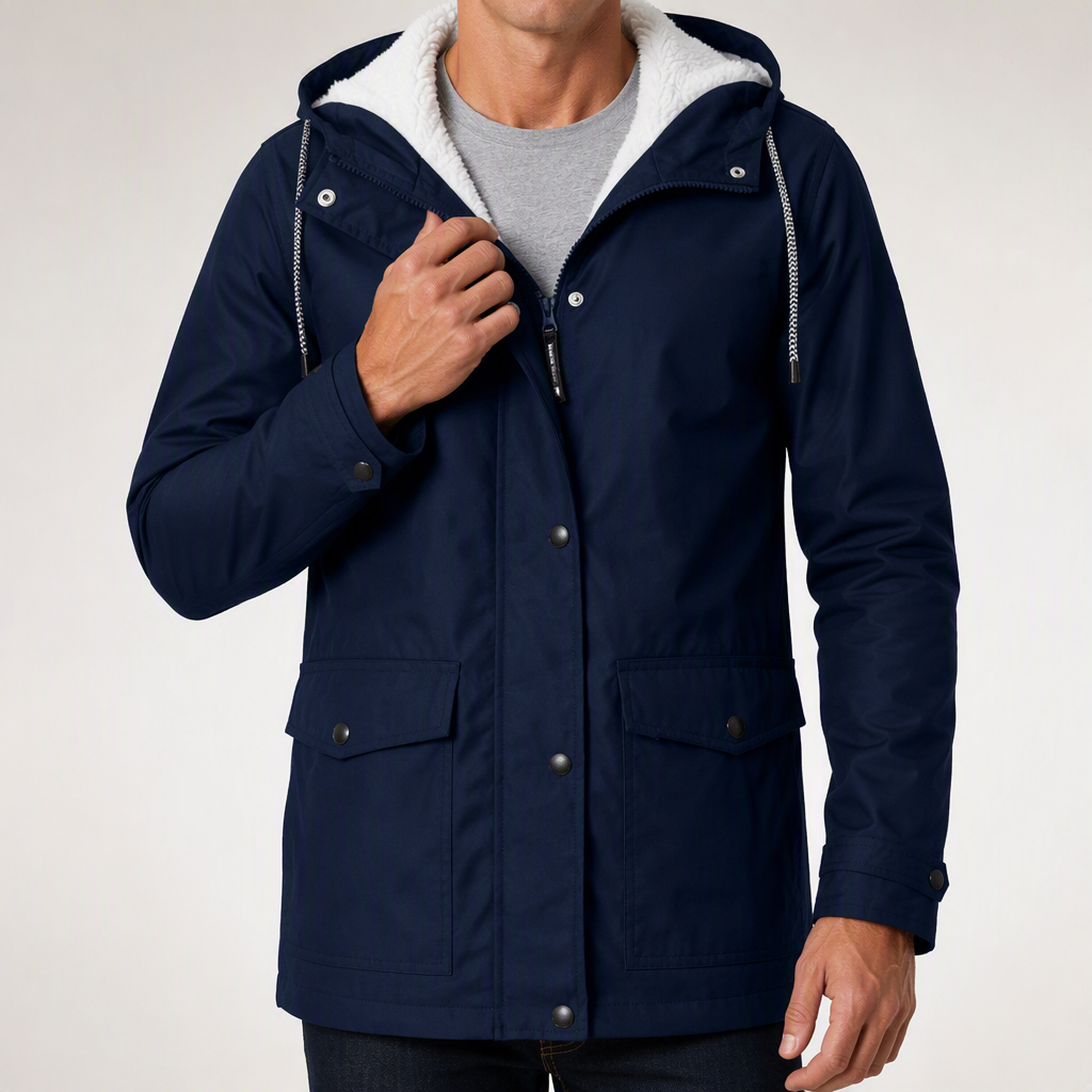 Alden | Mens Waterproof Jacket Fleece Lined Hooded Winter Rain Jacket, Navy Blue
