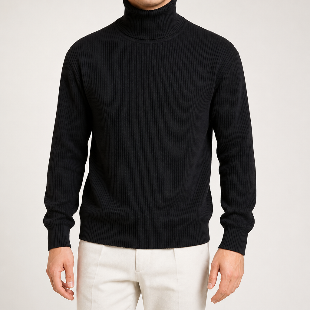 Alistair | Mens Turtleneck Knitted Jumper Roll Neck Base Layer Sweater, Black