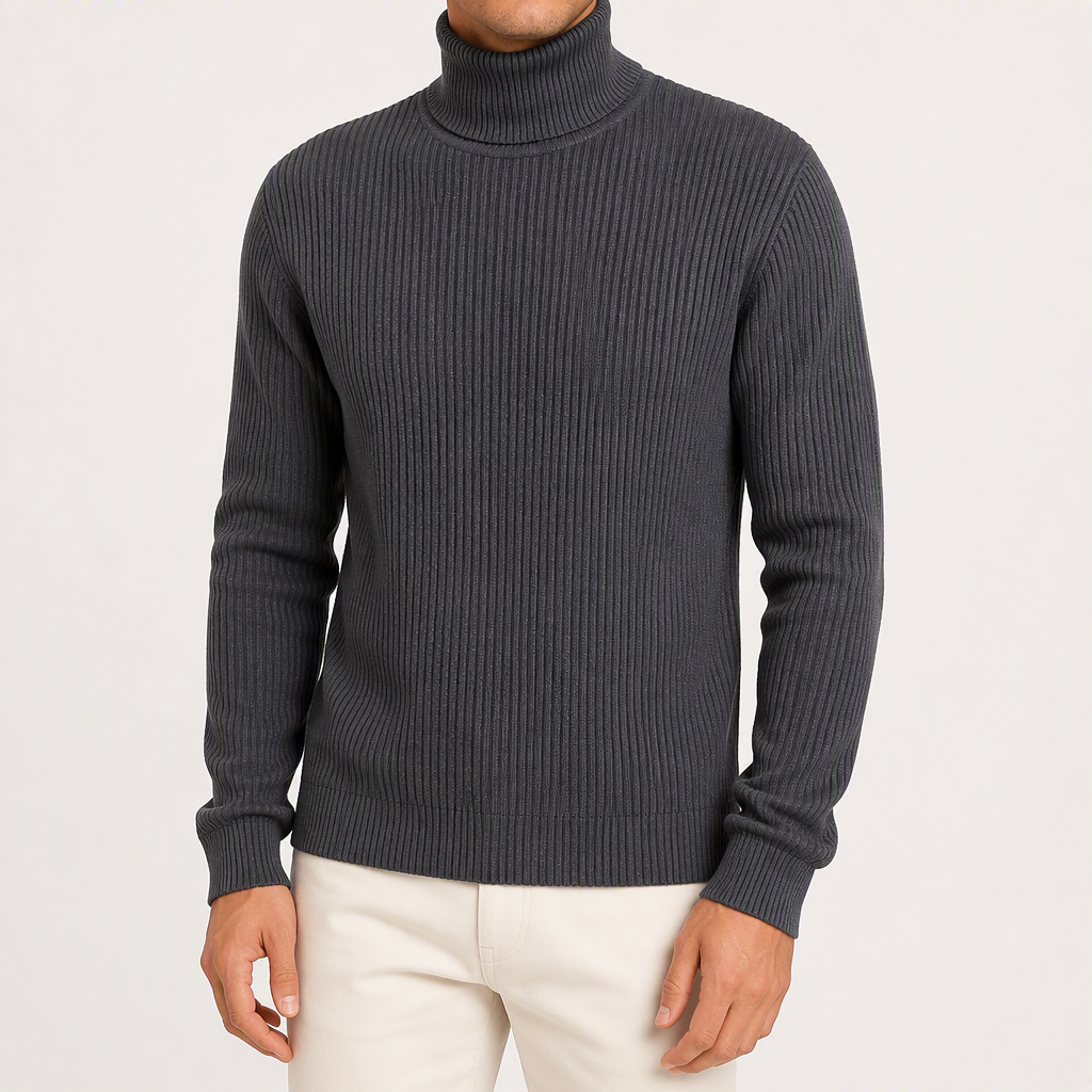 Alistair | Mens Turtleneck Knitted Jumper Roll Neck Base Layer Sweater, Dark Grey