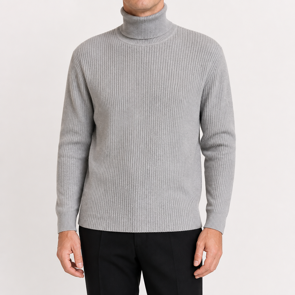 Alistair | Mens Turtleneck Knitted Jumper Roll Neck Base Layer Sweater, Light Grey