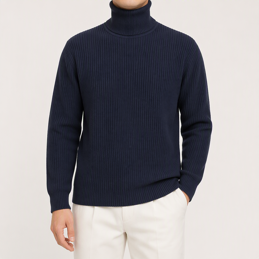 Alistair | Mens Turtleneck Knitted Jumper Roll Neck Base Layer Sweater, Navy Blue