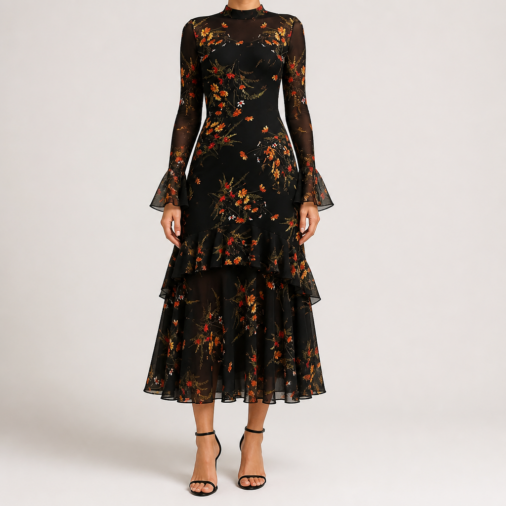 Amara | Womens Floral Dress Spaghetti Strap French Midi Dress, Black
