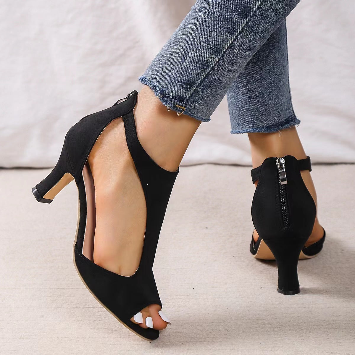 Amara | Womens Open Toe Side Zip Stiletto Heel Black White Sandals - 4