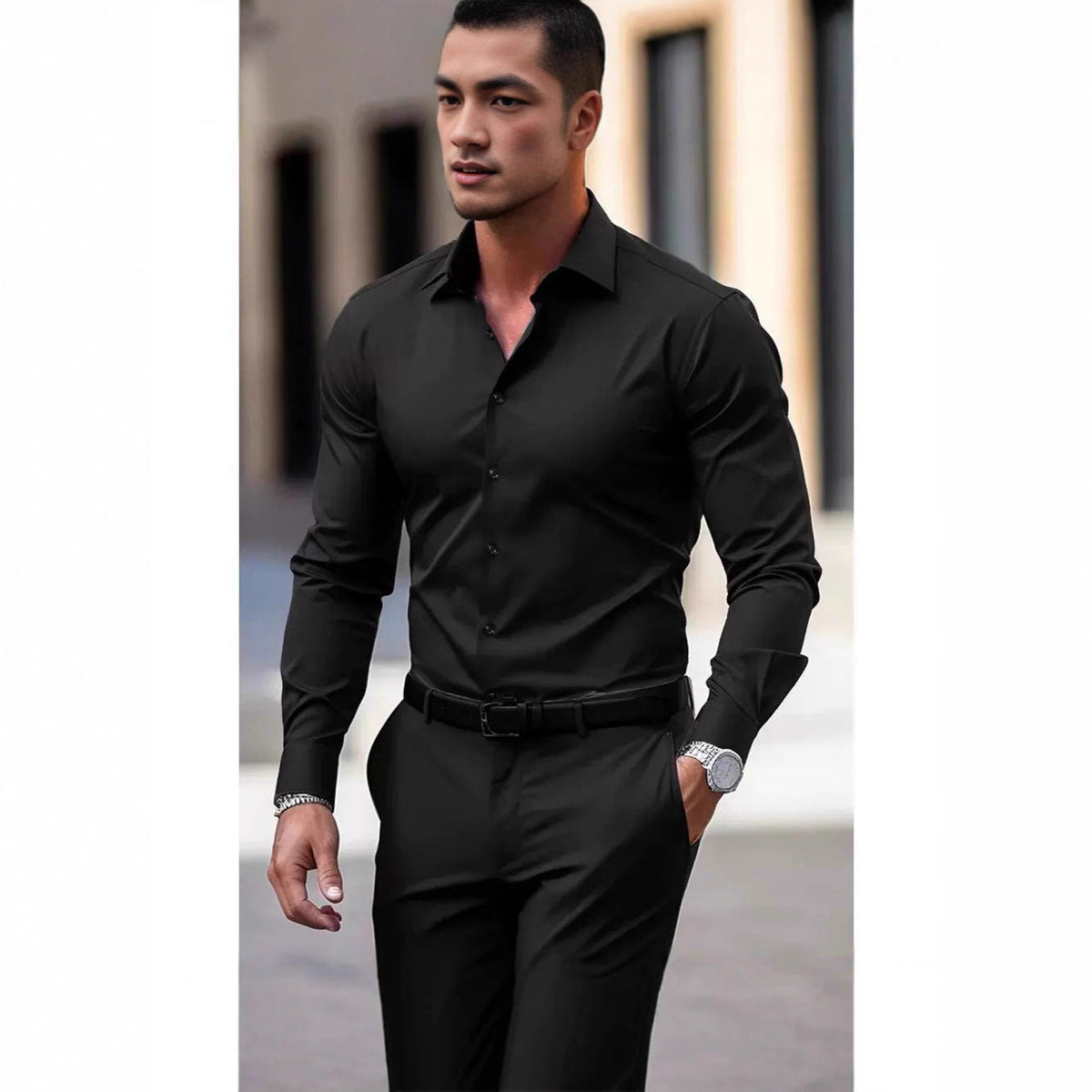 Ambrose | Mens Slim Fit Long Sleeve Formal Business Shirt Non Iron - Black
