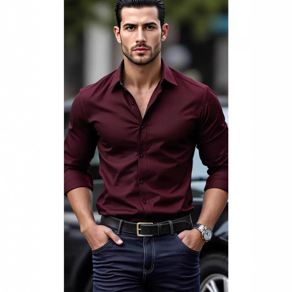 Ambrose | Mens Slim Fit Long Sleeve Formal Business Shirt Non Iron - Burgundy