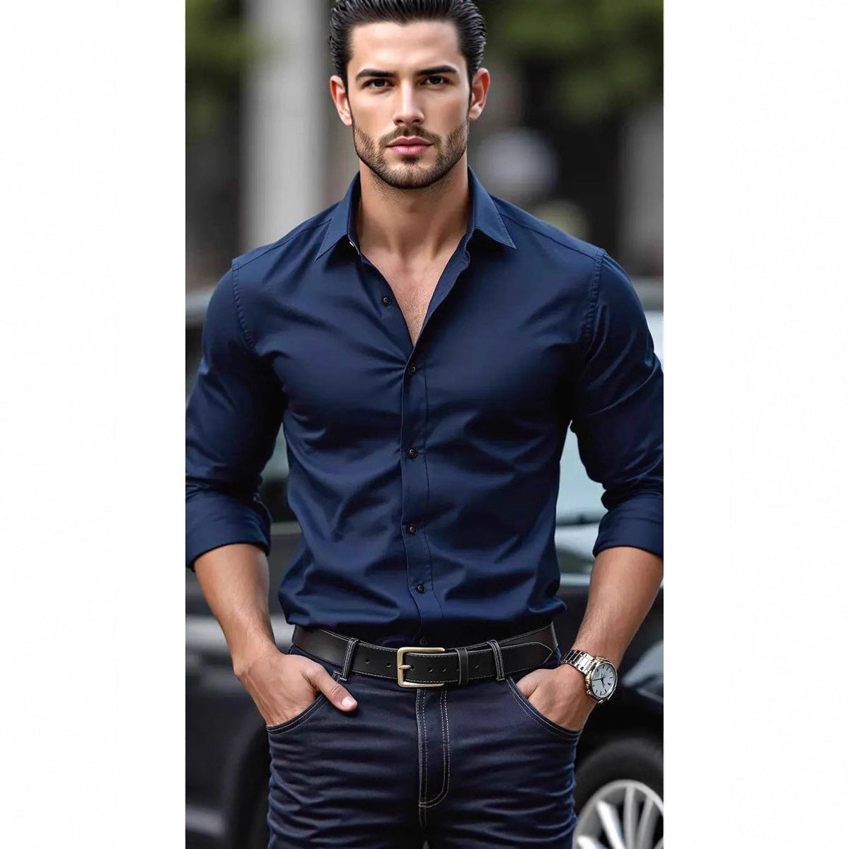 Ambrose | Mens Slim Fit Long Sleeve Formal Business Shirt Non Iron - Navy Blue