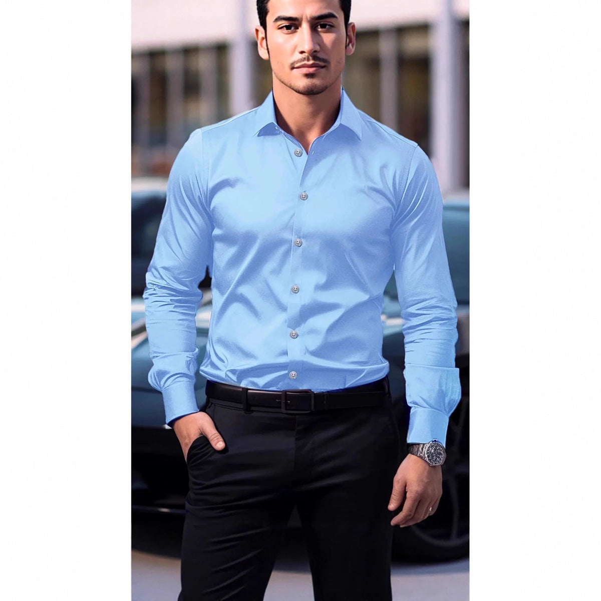 Ambrose | Mens Slim Fit Long Sleeve Formal Business Shirt Non Iron - Sky Blue