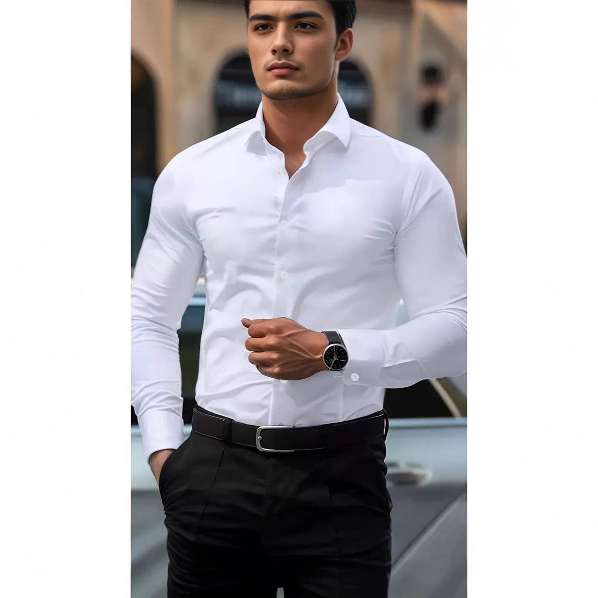 Ambrose | Mens Slim Fit Long Sleeve Formal Business Shirt Non Iron - White