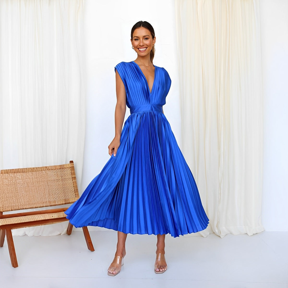 Anais | Womens V Neck Satin Pleated Midi Wedding Guest Elegant Dresses - 1