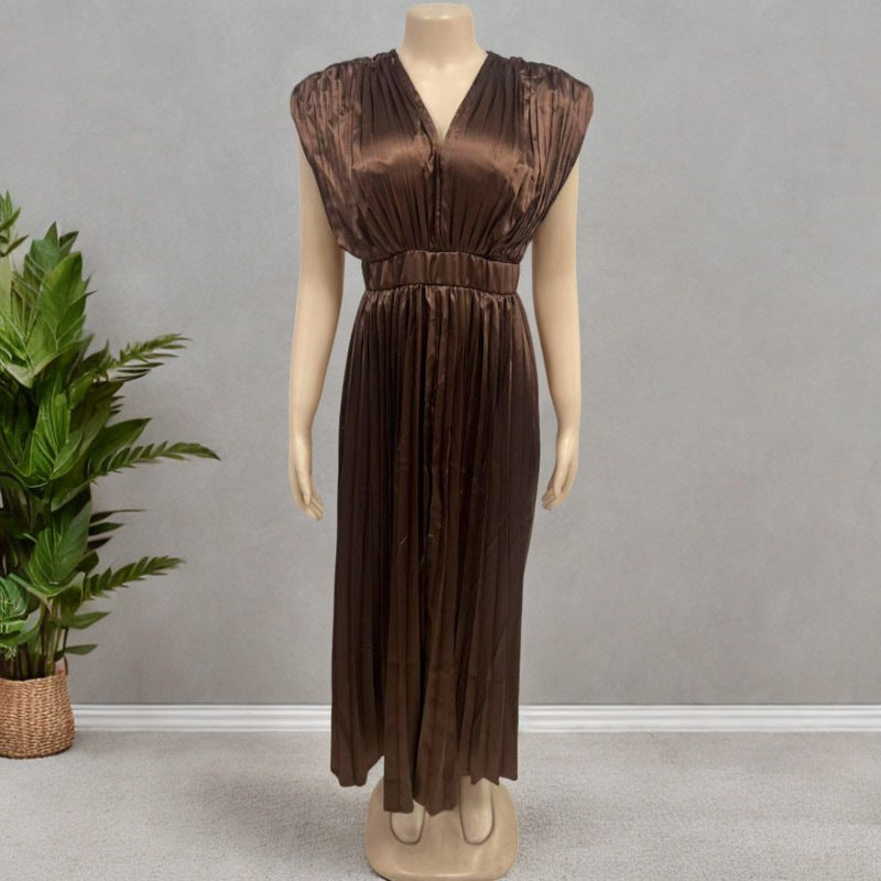 Anais | Womens V Neck Satin Pleated Midi Wedding Guest Elegant Dresses - 10
