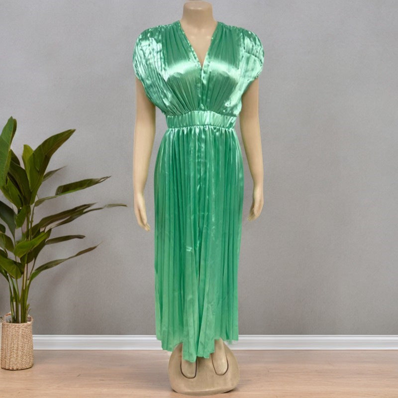 Anais | Womens V Neck Satin Pleated Midi Wedding Guest Elegant Dresses - 11