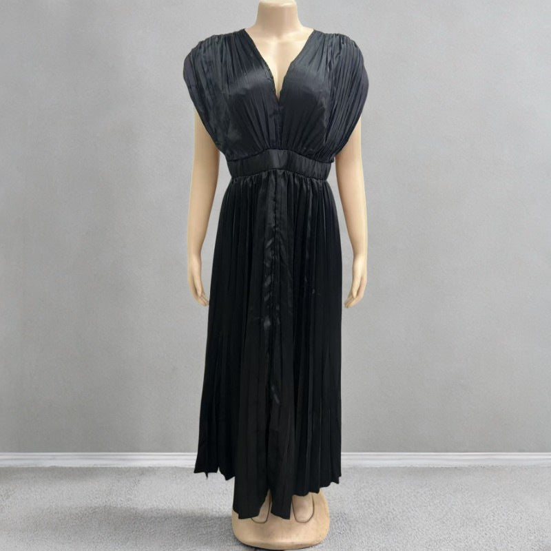 Anais | Womens V Neck Satin Pleated Midi Wedding Guest Elegant Dresses - 12