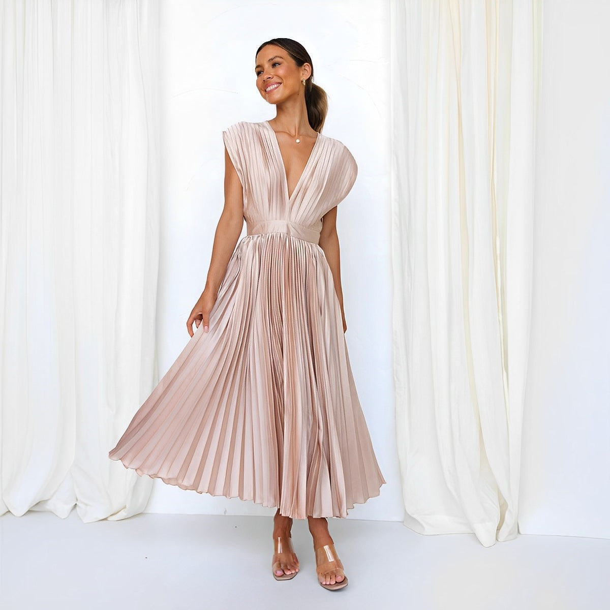 Anais | Womens V Neck Satin Pleated Midi Wedding Guest Elegant Dresses - 3