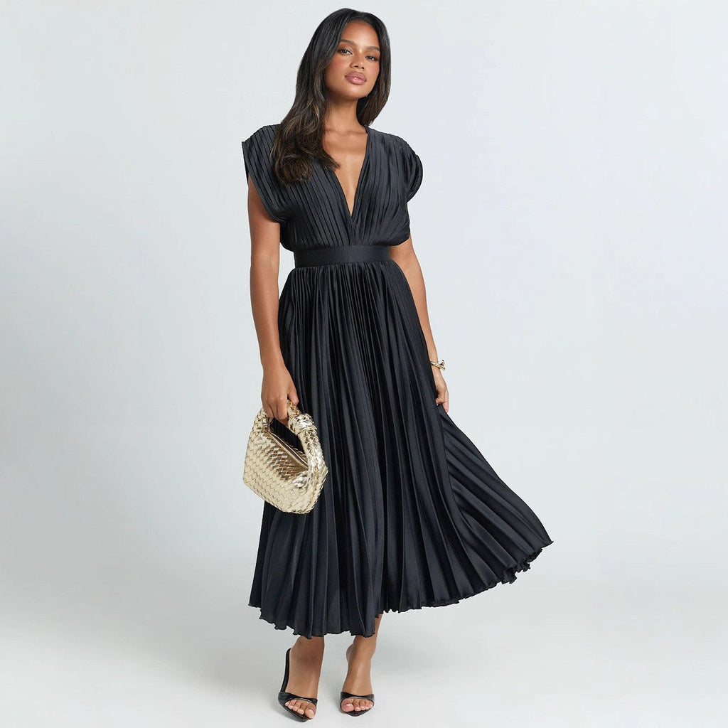 Anais | Womens V Neck Satin Pleated Midi Wedding Guest Elegant Dresses - 4