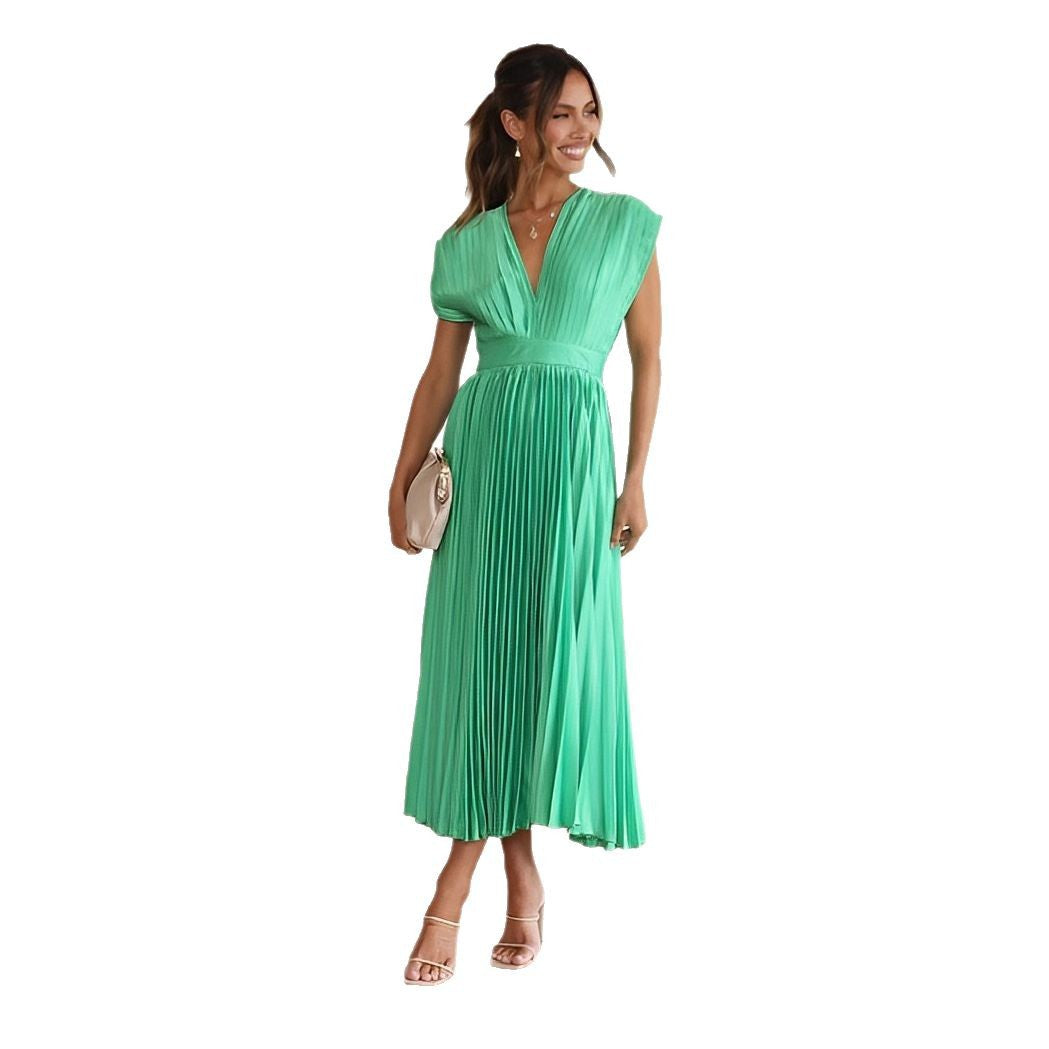 Anais | Womens V Neck Satin Pleated Midi Wedding Guest Elegant Dresses - 5