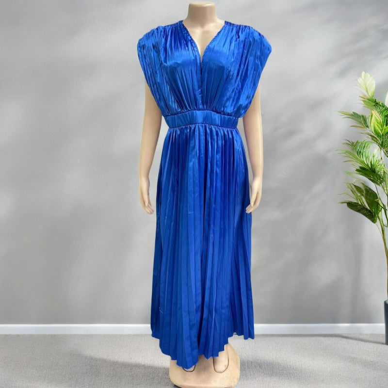 Anais | Womens V Neck Satin Pleated Midi Wedding Guest Elegant Dresses - 6