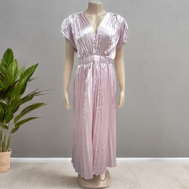 Anais | Womens V Neck Satin Pleated Midi Wedding Guest Elegant Dresses - 7