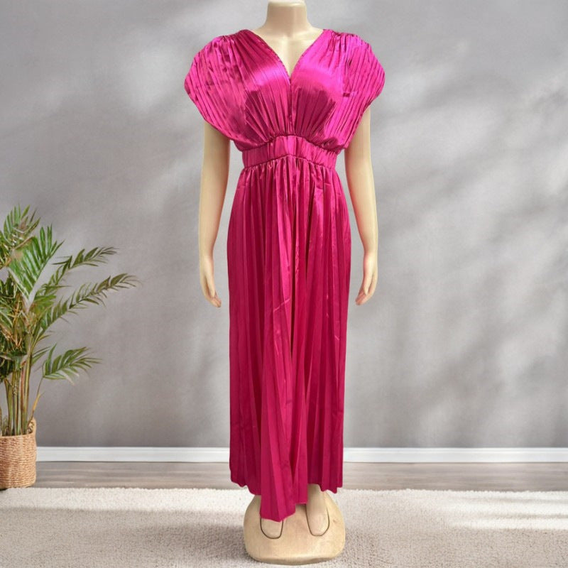 Anais | Womens V Neck Satin Pleated Midi Wedding Guest Elegant Dresses - 8