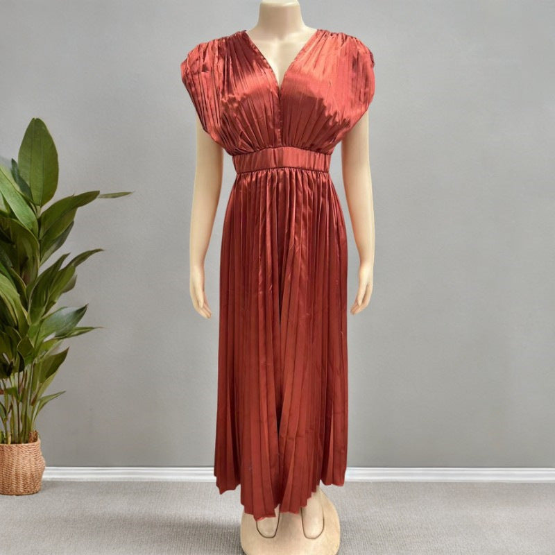 Anais | Womens V Neck Satin Pleated Midi Wedding Guest Elegant Dresses - 9