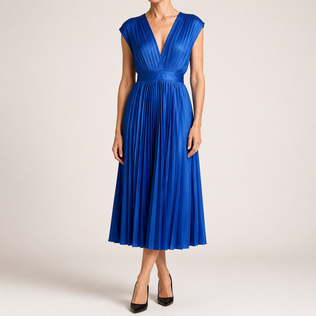 Anais | Womens Wedding Guest Satin V Neck Pleated Midi Dress, Blue