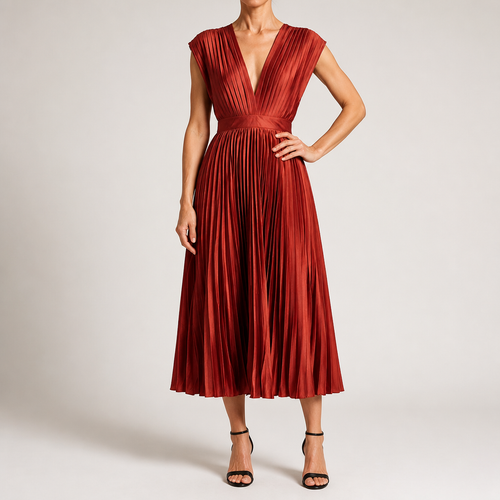 Anais | Womens Wedding Guest Satin V Neck Pleated Midi Dress, Brick Red