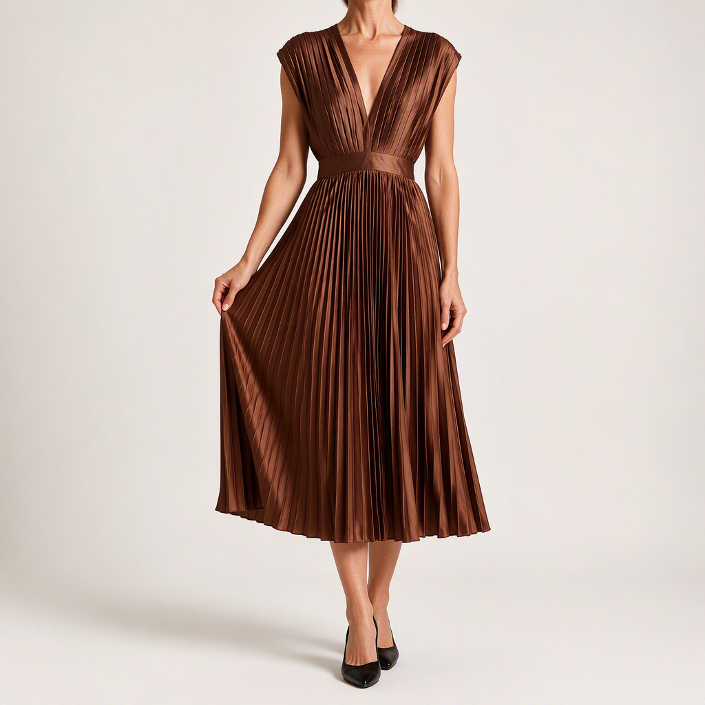 Anais | Womens Wedding Guest Satin V Neck Pleated Midi Dress, Brown