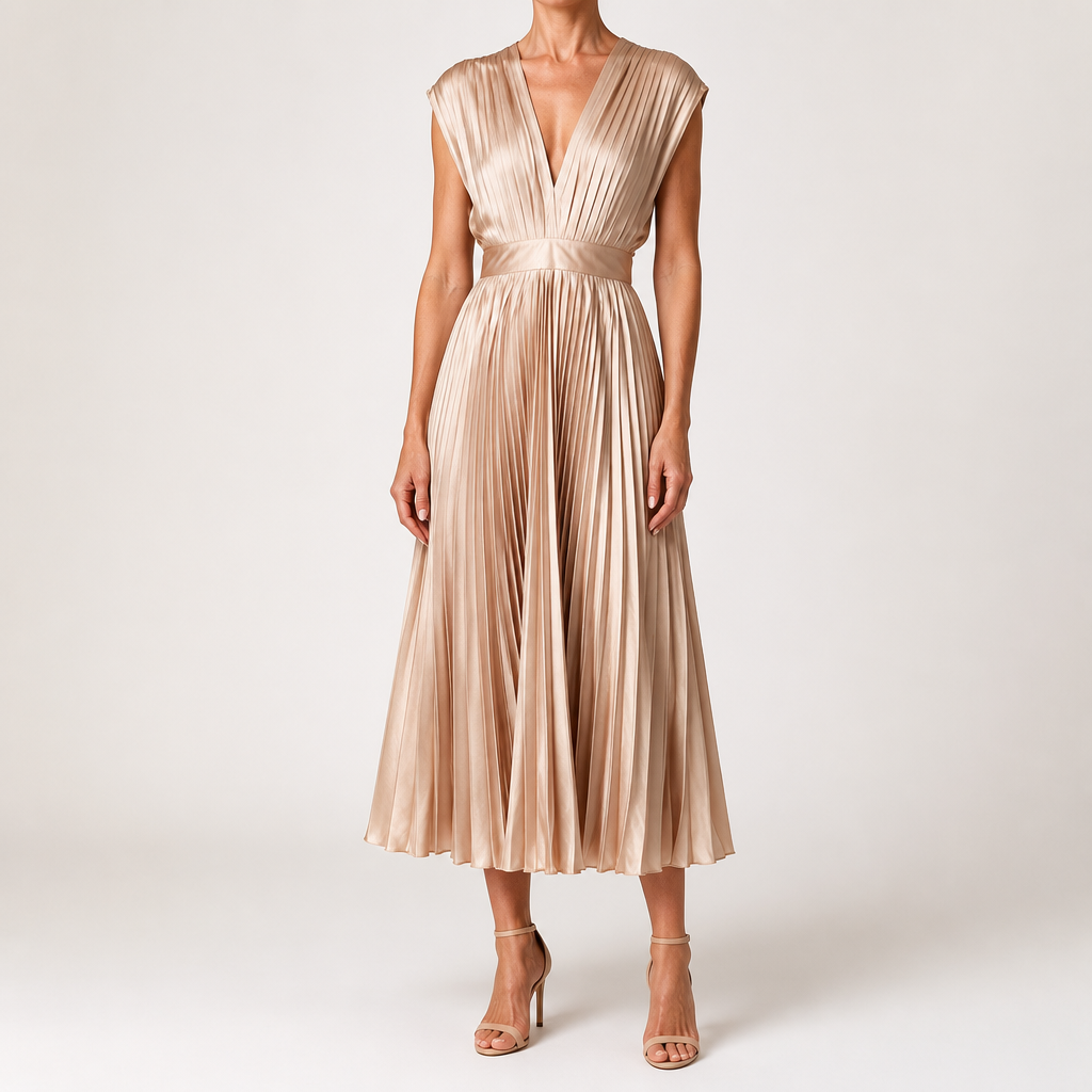 Anais | Womens Wedding Guest Satin V Neck Pleated Midi Dress, Nude