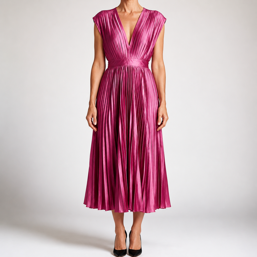 Anais | Womens Wedding Guest Satin V Neck Pleated Midi Dress, Rose