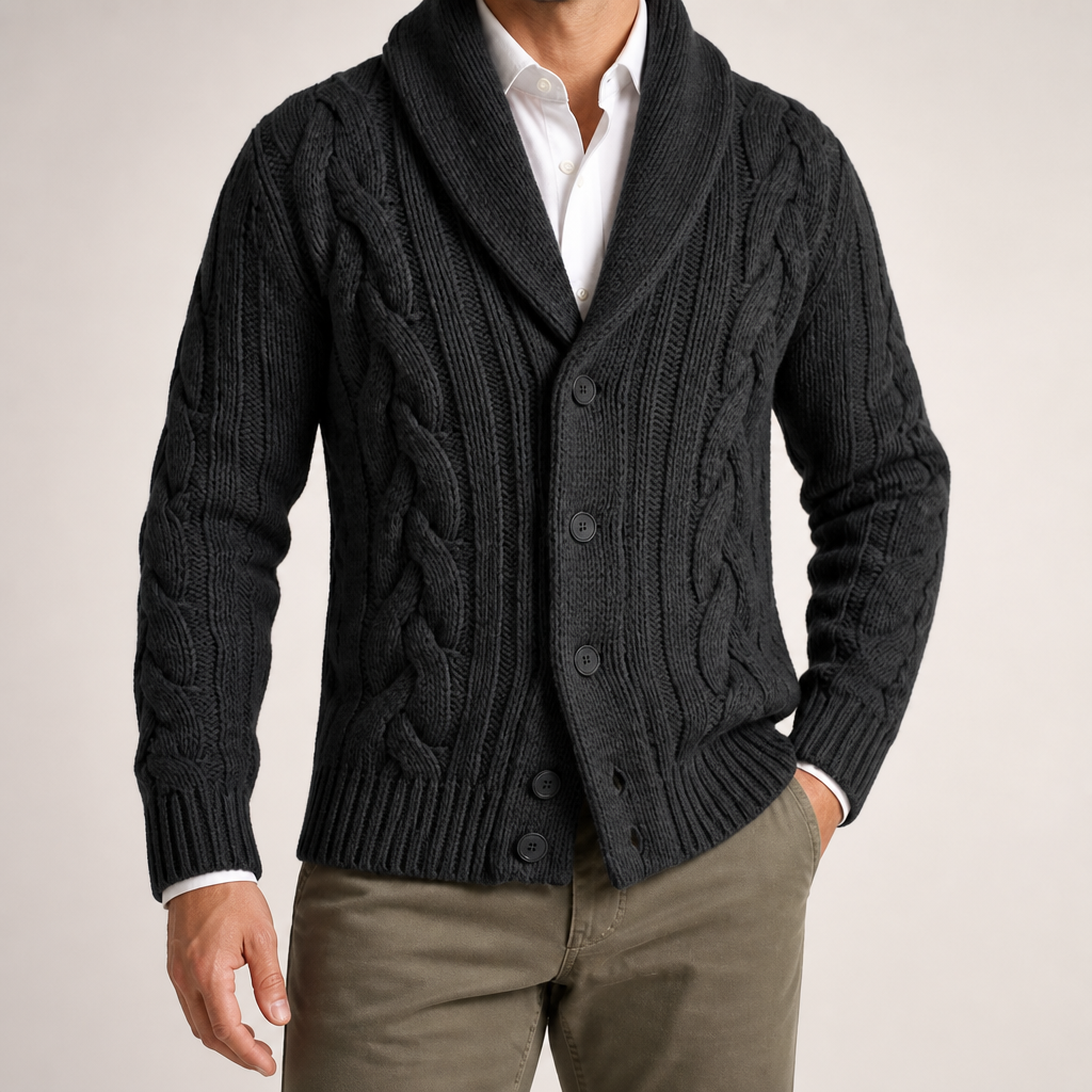 Angus | Mens Lapel Cable Knit Chunky Knitted Cardigan, Black