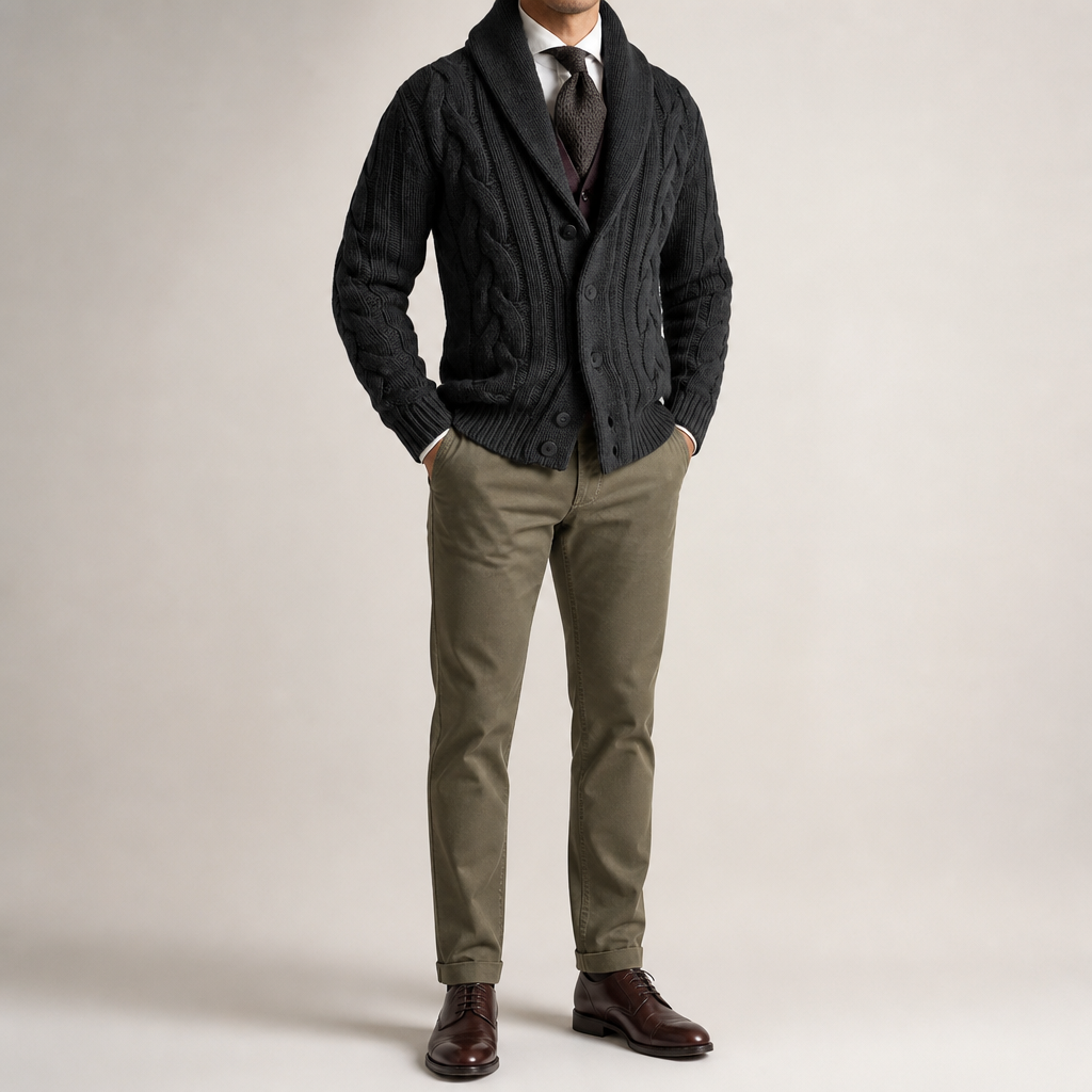 Angus | Mens Lapel Cable Knit Chunky Knitted Cardigan, Black