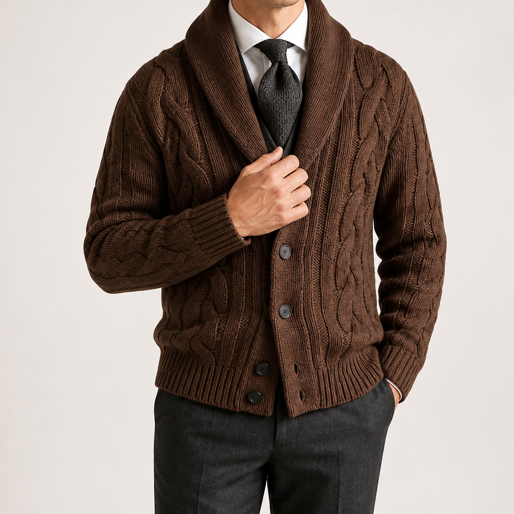 Angus | Mens Lapel Cable Knit Chunky Knitted Cardigan, Brown