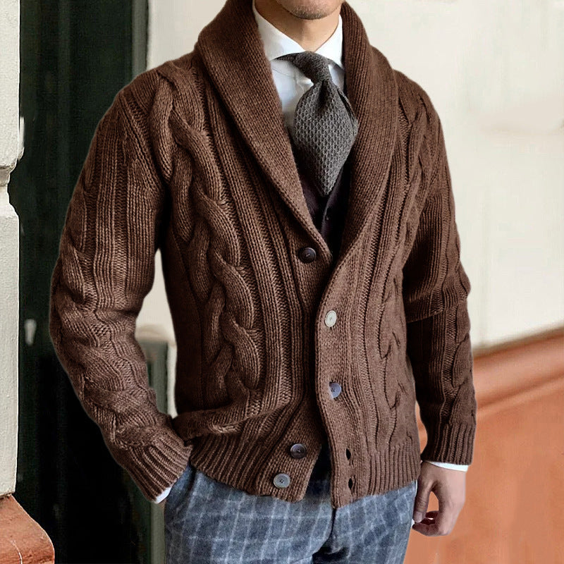 Angus | Mens Lapel Cable Knit Chunky Cardigan - Brown