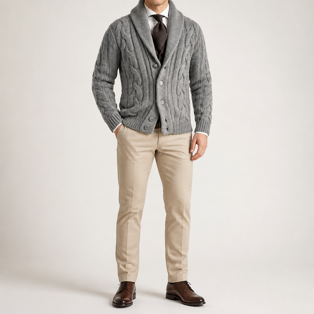 Angus | Mens Lapel Cable Knit Chunky Knitted Cardigan, Grey