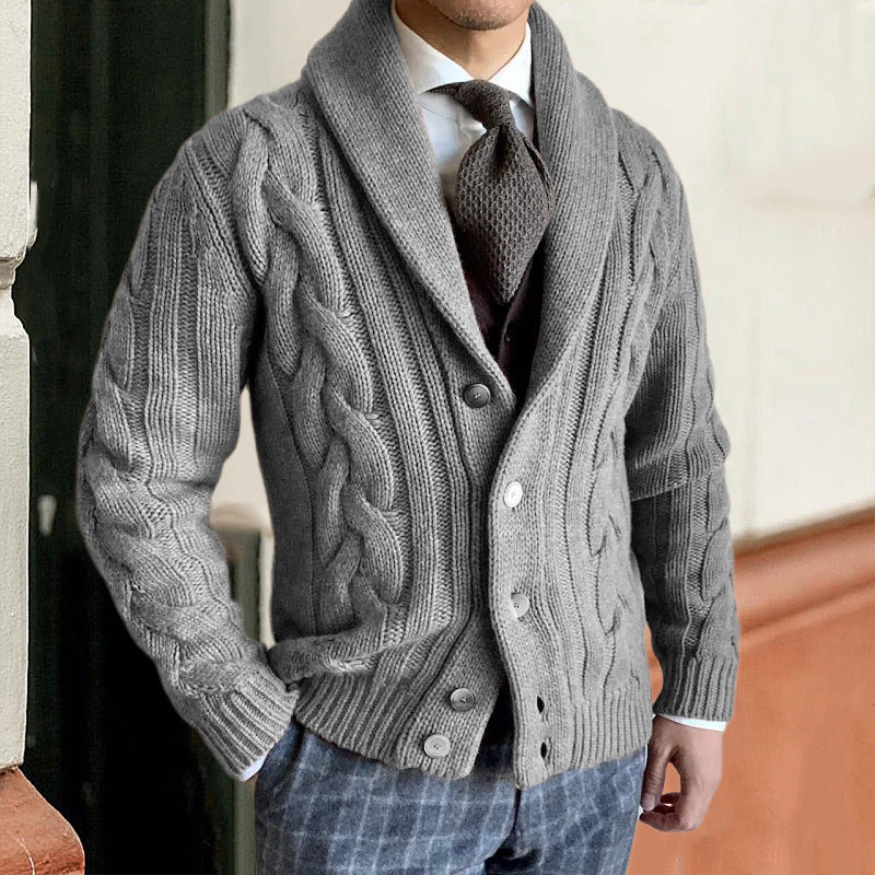 Angus | Mens Lapel Cable Knit Chunky Cardigan - Grey