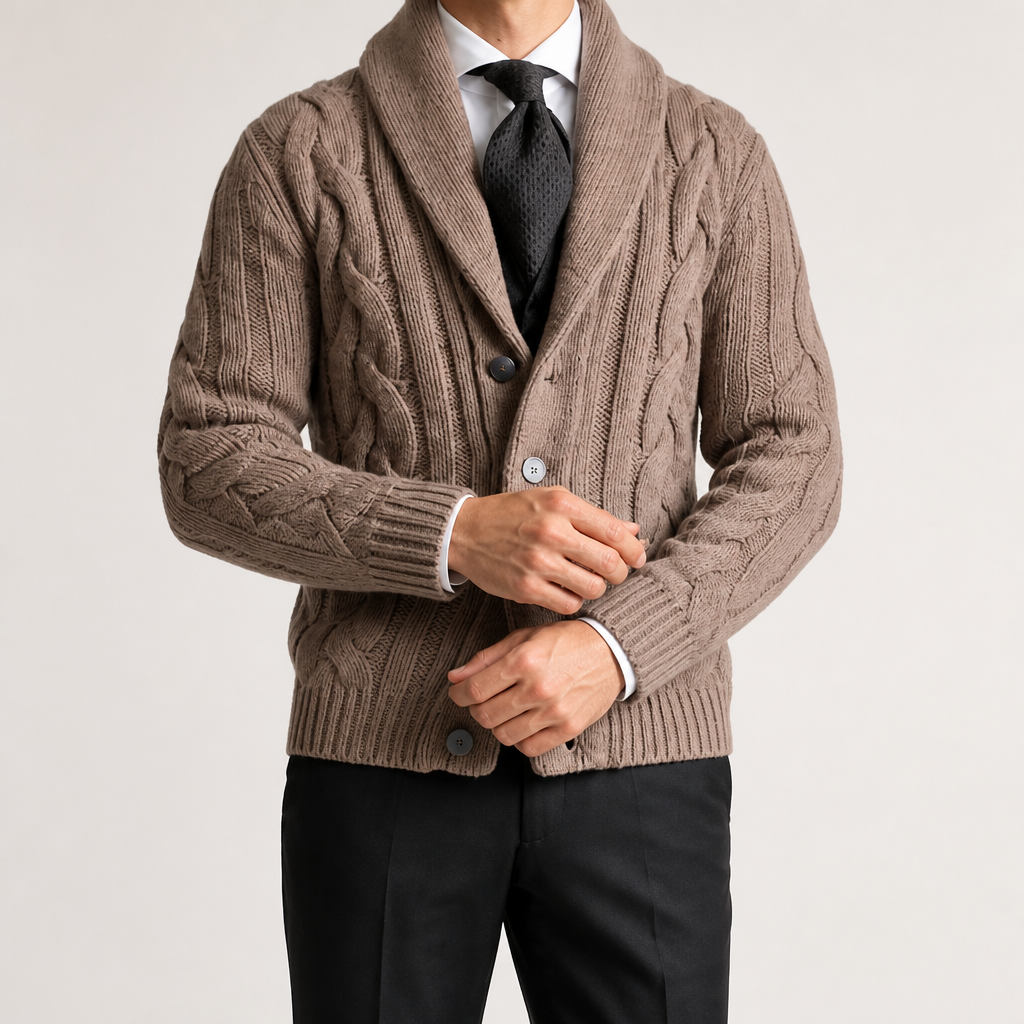 Angus | Mens Lapel Cable Knit Chunky Knitted Cardigan, Khaki