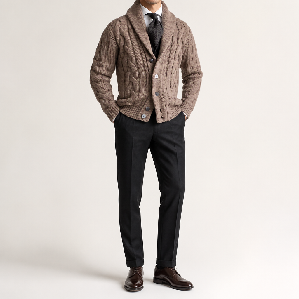 Angus | Mens Lapel Cable Knit Chunky Knitted Cardigan, Khaki