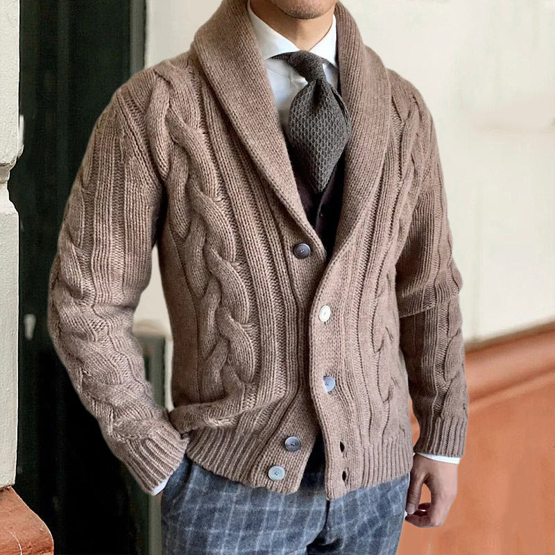 Angus | Mens Lapel Cable Knit Chunky Cardigan - Khaki