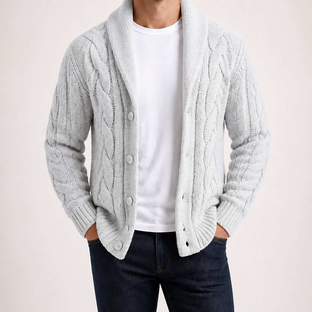 Angus | Mens Lapel Cable Knit Chunky Knitted Cardigan, White