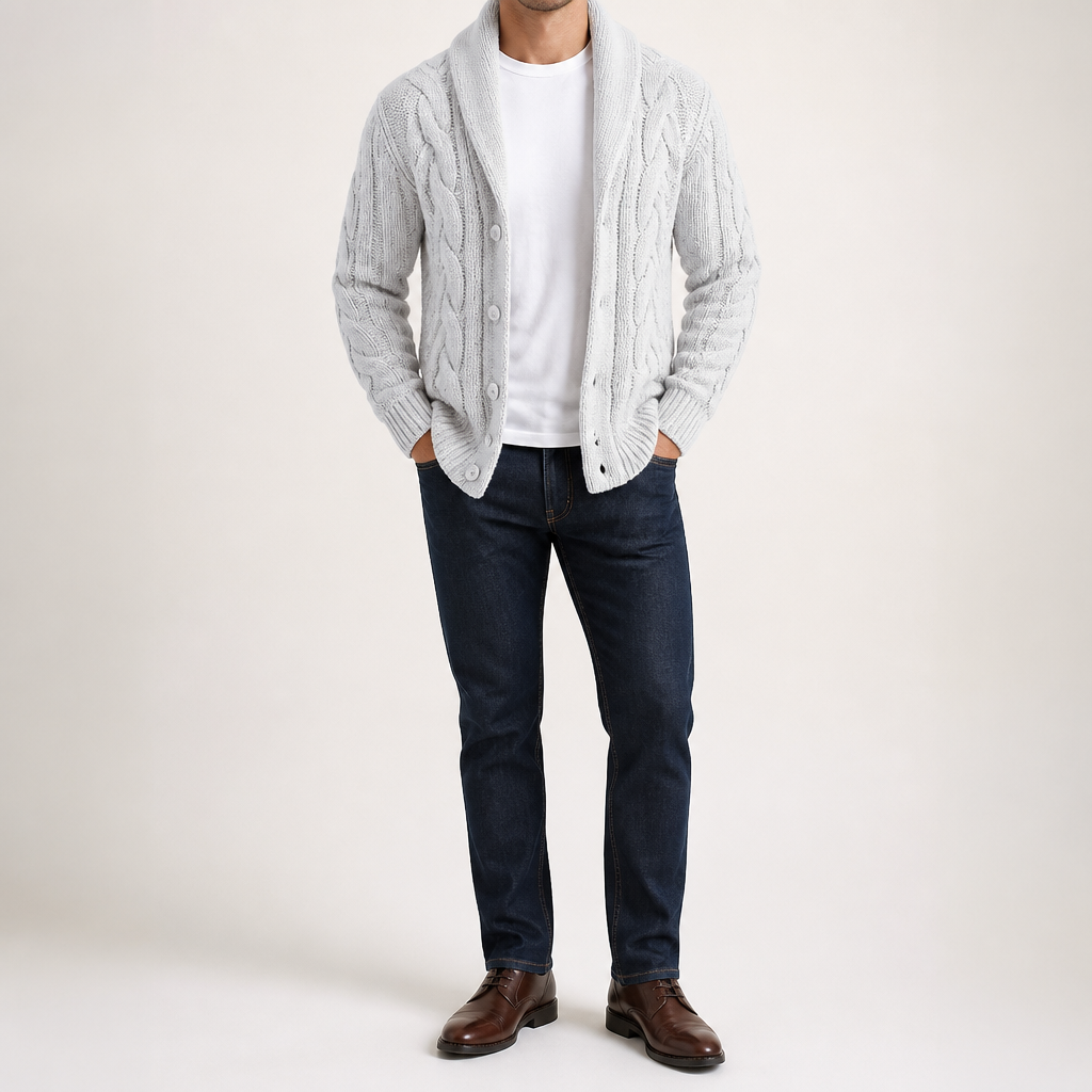 Angus | Mens Lapel Cable Knit Chunky Knitted Cardigan, White