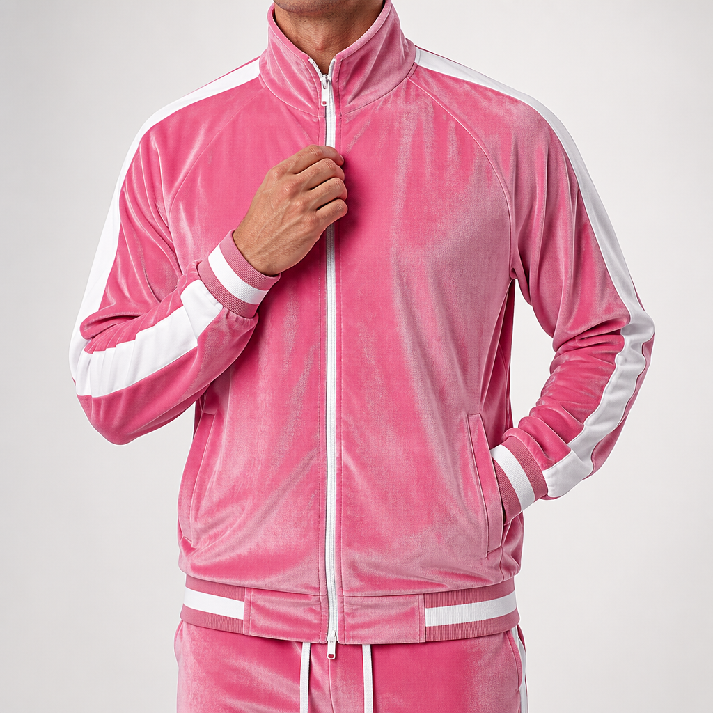 Anouk | Mens Tracksuit Velvet Two Piece Set Jacket Joggers Loungewear, Pink