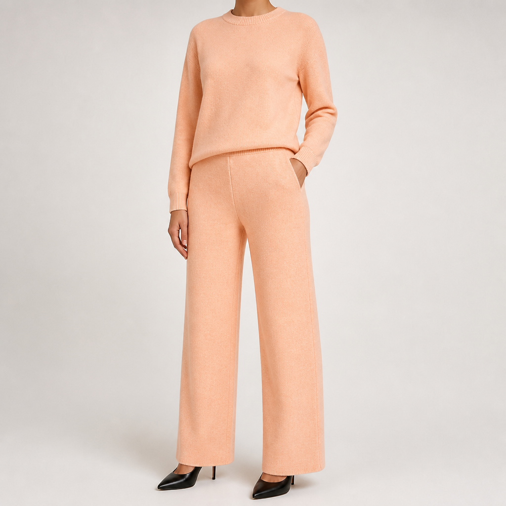 Anouk | Womens Knitted Jumper High Neck Trousers Two Piece Set, Apricot