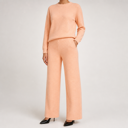 Anouk | Womens Knitted Jumper High Neck Trousers Two Piece Set, Apricot