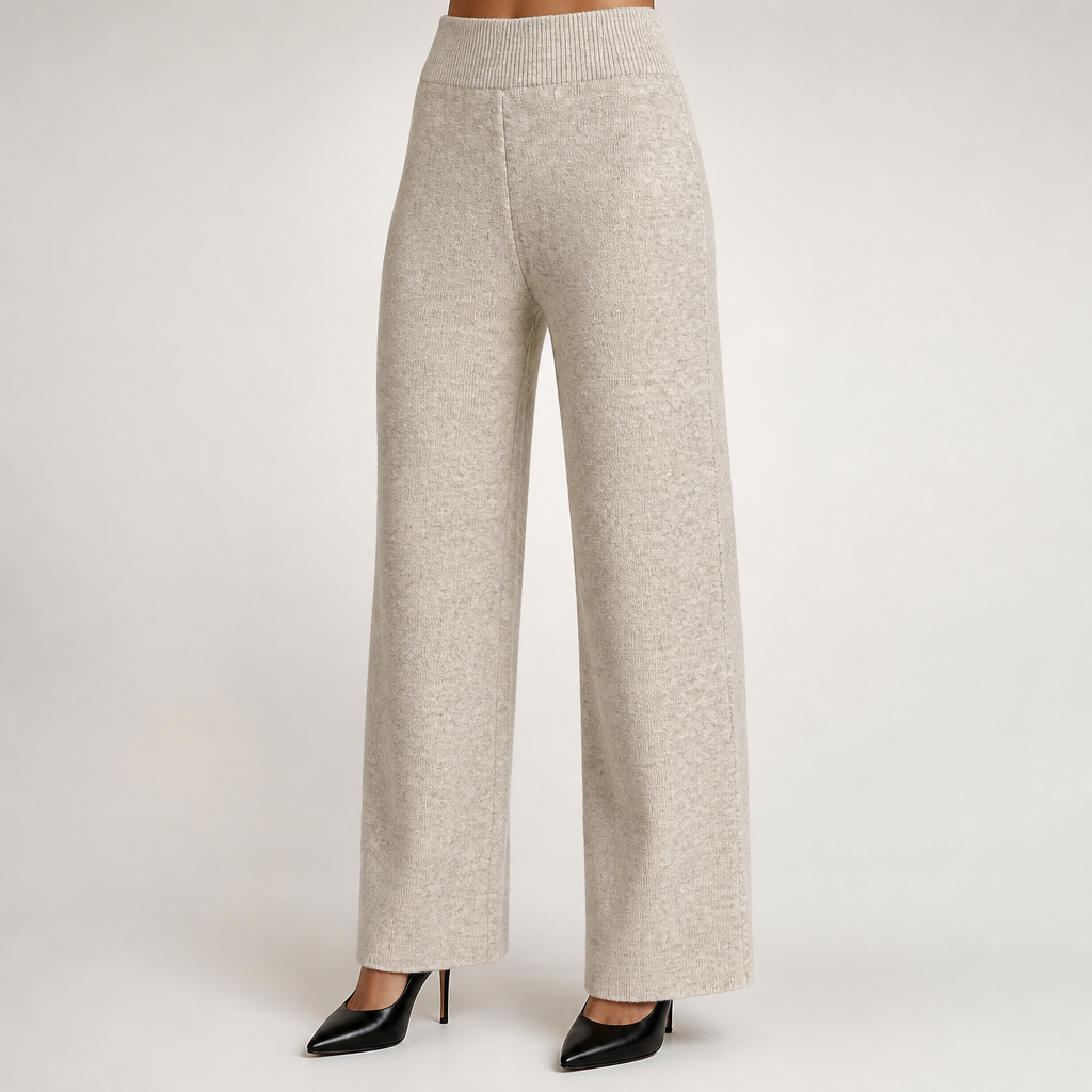 Anouk | Womens Knitted Jumper High Neck Trousers Two Piece Set, Apricot