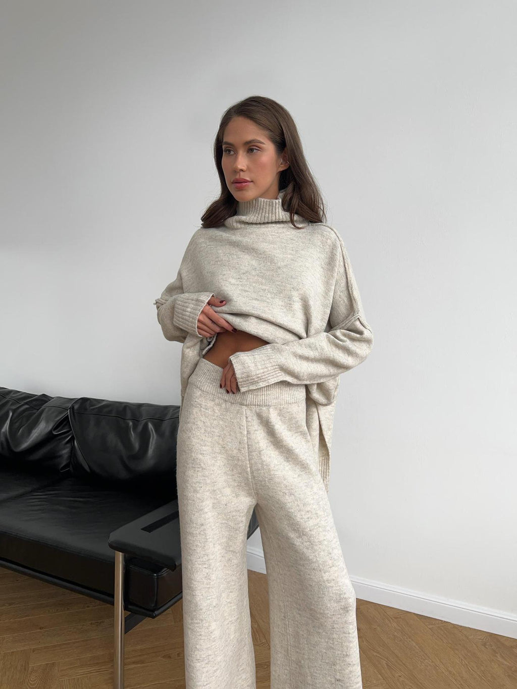 Anouk | Womens High Neck Knitted Jumper and Trousers Set - Apricot
