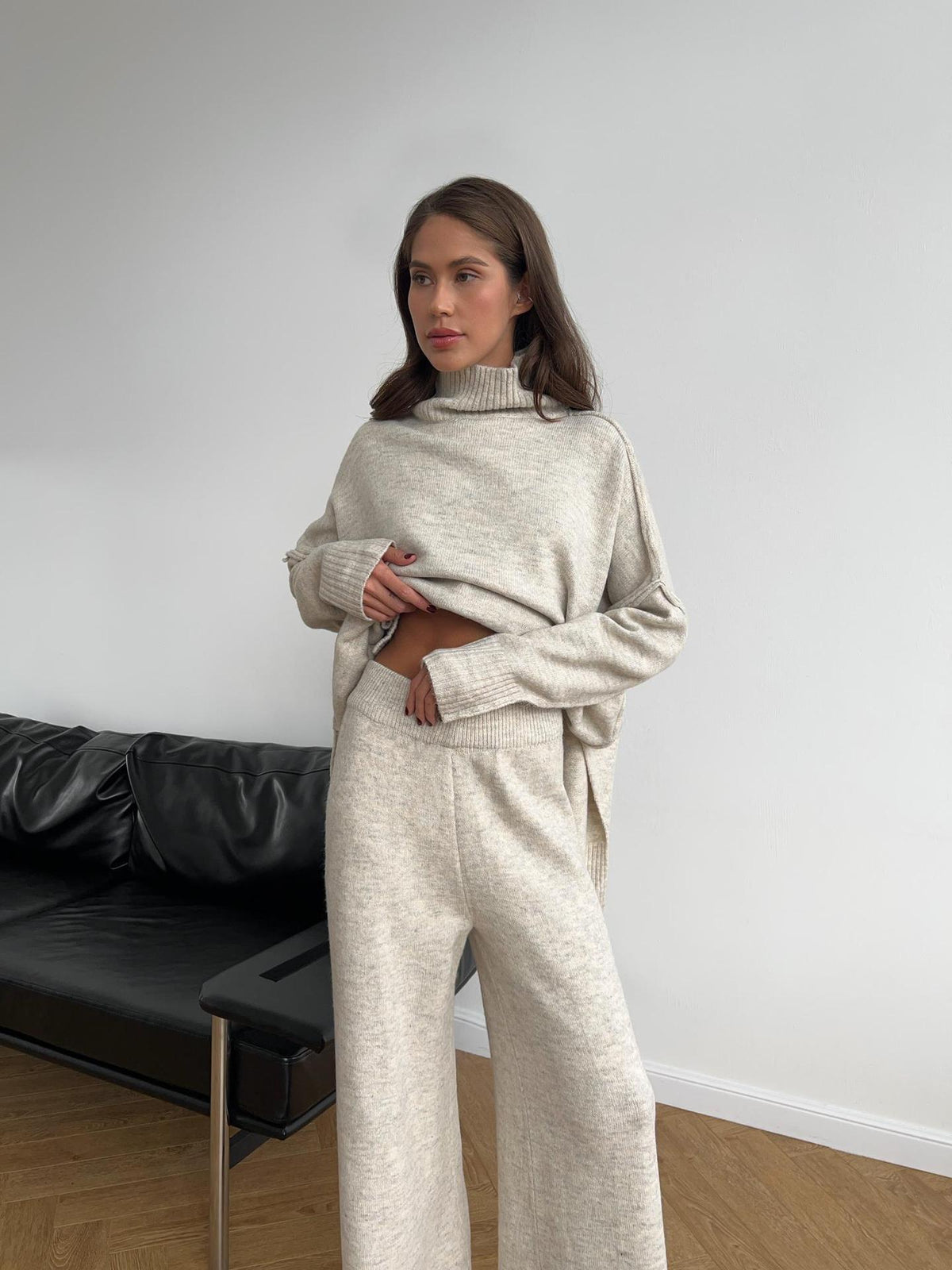 Anouk | Womens High Neck Knitted Jumper and Trousers Set - Apricot