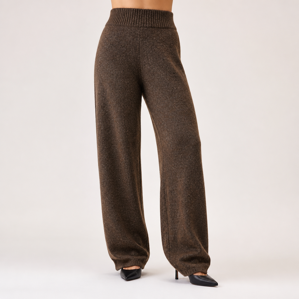 Anouk | Womens Knitted Jumper High Neck Trousers Two Piece Set, Brown