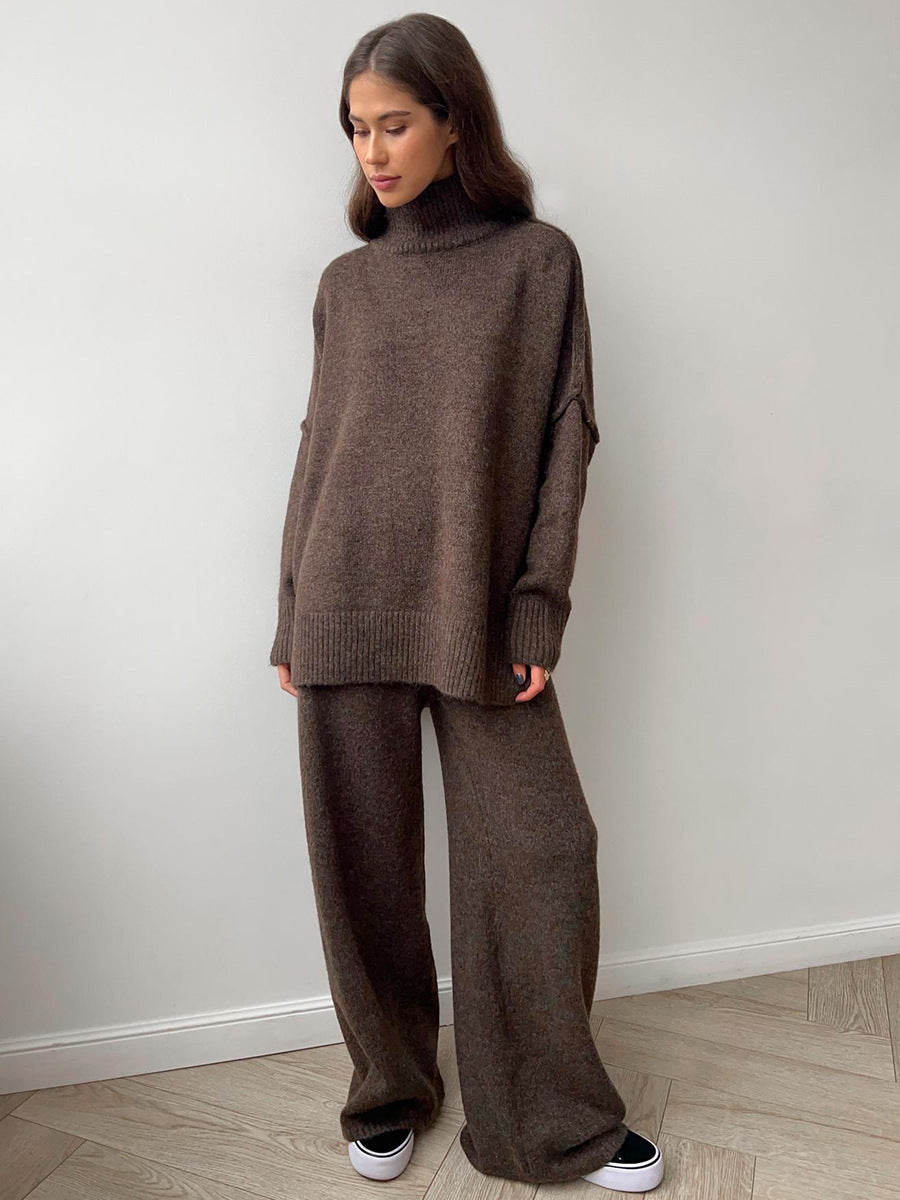 Anouk | Womens High Neck Knitted Jumper and Trousers Set - Brown