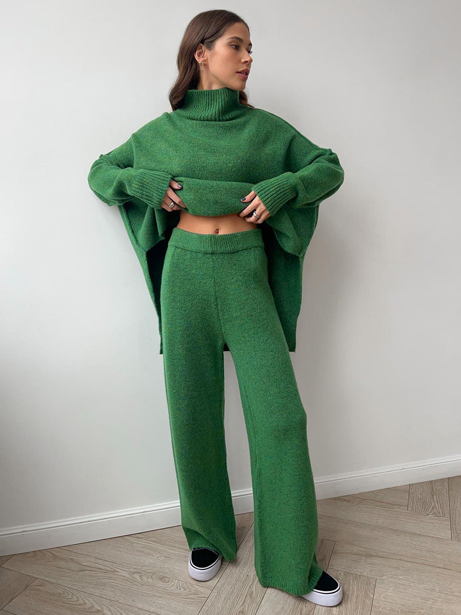 Anouk | Womens High Neck Knitted Jumper and Trousers Set - Green