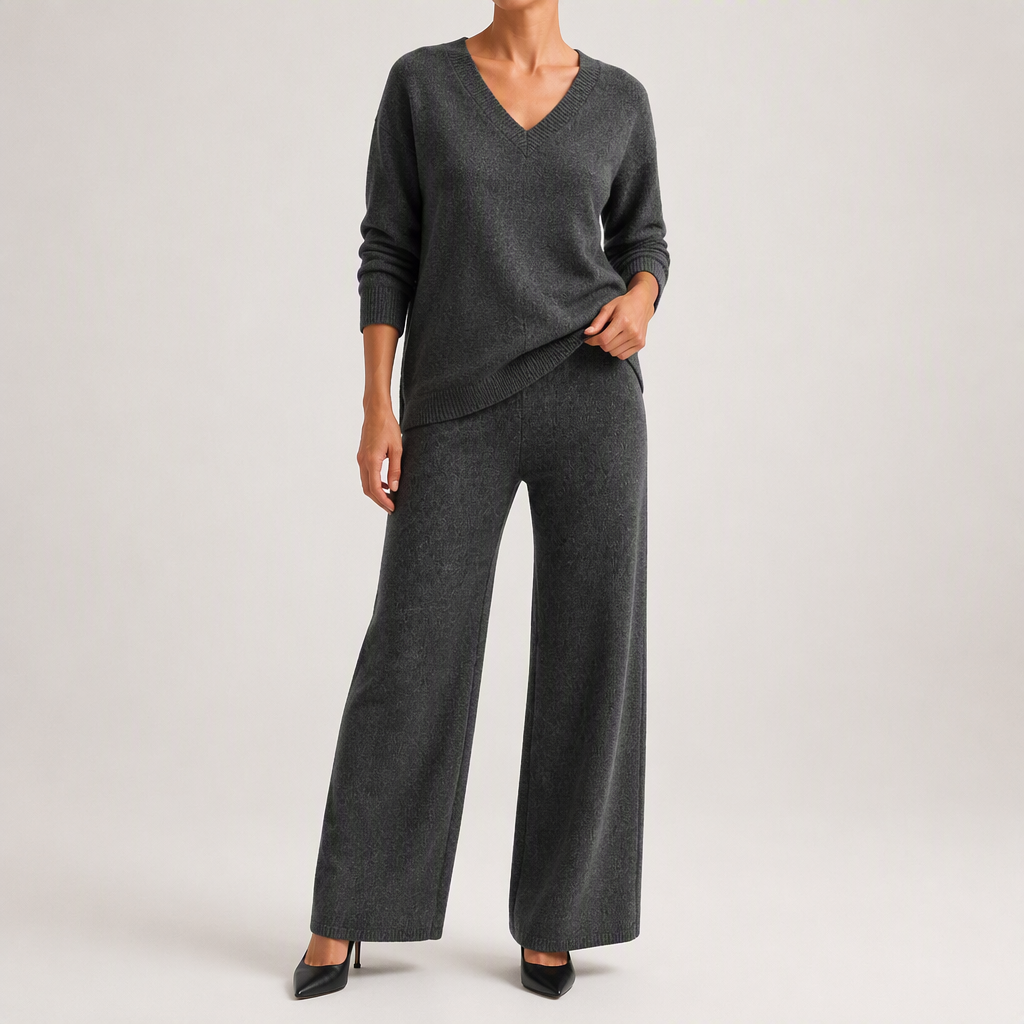 Anouk | Womens Knitted Jumper High Neck Trousers Two Piece Set, Grey