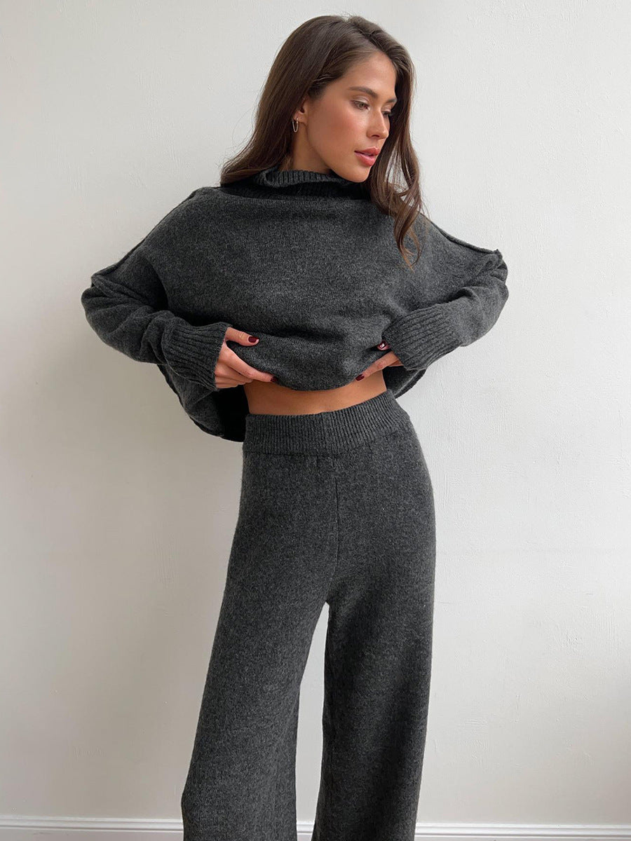 Anouk | Womens High Neck Knitted Jumper and Trousers Set - Grey